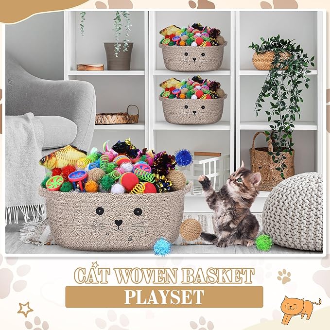 Zopeal 58 Pcs Valentine's Day Cat Storage Basket Gift Toys Set, Colorful Flashing Balls Pet Bell Crinkle Balls Spring Toys Attract Cat to Swat, Hunt, Interactive for Pet(Dark Brown,12 Inch)