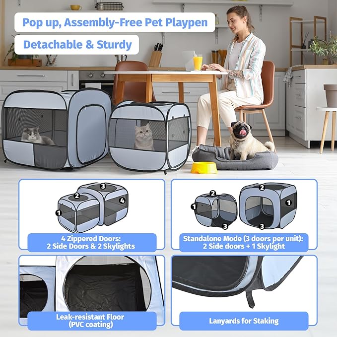 EighteenTek® 2-in-1 Portable Cat Playpen, Detachable into 2 Separate Cages with Additional 2 Doors, Pop up Pet Play Pen Cat Tent House, Foldable Puppy Enclosure Kitten Crates Indoors Outdoor(Grey)