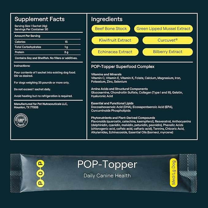 POP-Topper Dog Food Meal Toppers – Multivitamin Powder for Dogs 35 lbs & Up - Delicious Bone Broth Base with 6 Human-Grade Superfoods - Supports Joints, Gut, Skin & Coat - 30 Packets