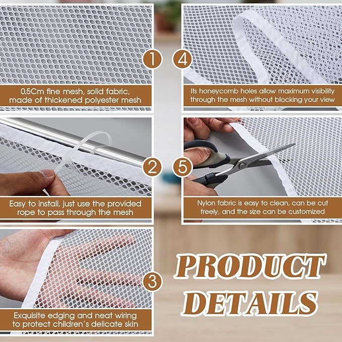Hosuly Banister Guard 15 x 3 ft Balcony Netting for Kids Pets Stairway Safety Net Baby Fence Door Balcony Netting Safety Mesh Stair Net with No Drilling for Apartment Railing(White)