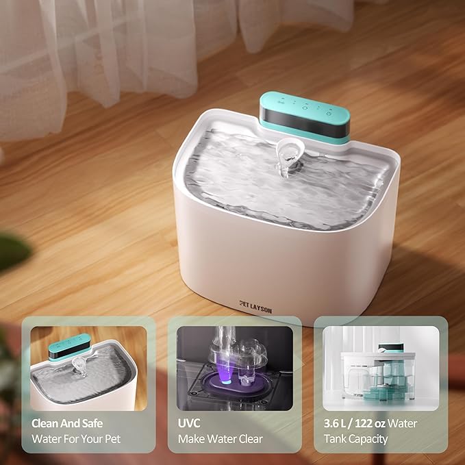 PET LAYSON Pumpless Cat Water Fountain,App Remote Control Smart Cordless Battery Operated 3.6L/122oz Wireless 2.4GHz Wi-Fi Networks Rechargeable Water Dispenser (White, M1Pro-2 Filter)