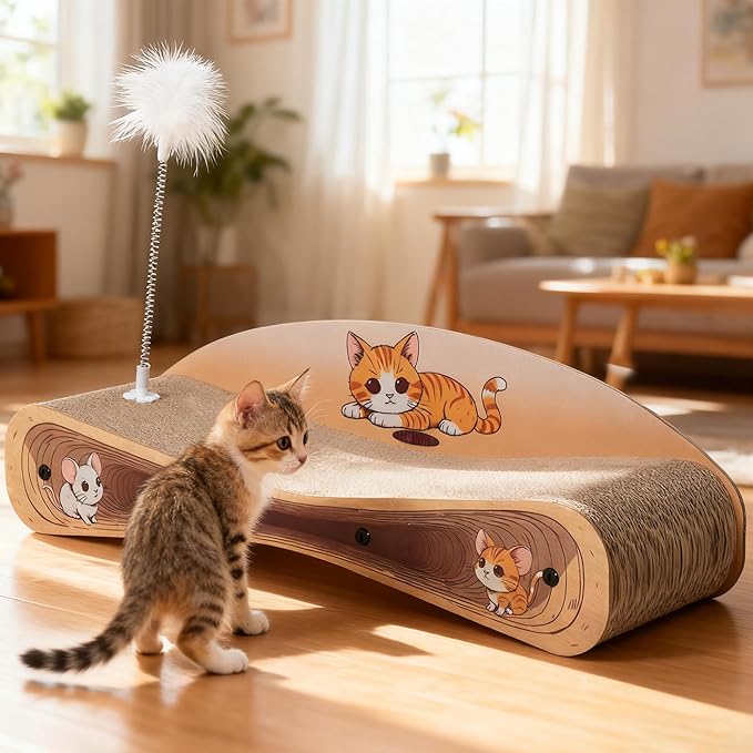 Cat Scratcher Lounge Bed, Reversible 2-in-1 Cardboard Scratching Board, Durable Curved Cat Scratch Pad for Indoor Cats with Toy, Cartoon Pattern