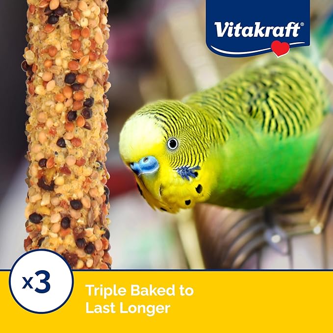 Vitakraft Crunch Sticks Parakeet Treat Variety Pack – 3 Sticks Honey Egg And Apple Flavor - Triple-Baked Sticks With Natural Wood Chew Center Added Vitamins And Minerals - Cage Clip Holder