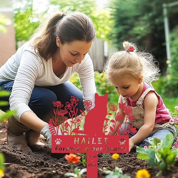 Custom Cat Memorial Grave Marker, Personalized Flowers Cat Metal Memorial Stake Outdoor Cemetery Plaque, Customized Name & Text & Dates Pet Grave Marker Available in Multiple Szie and Color