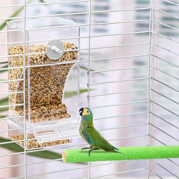 Novabright 7 Pcs No Mess Bird Feeder Water Dispenser Set Include Automatic Parakeet Feeder and Drinker with Bird Paw Grinding Stick Cage Accessories for Small Medium Cockatiel Lovebird(Classic,Clear)
