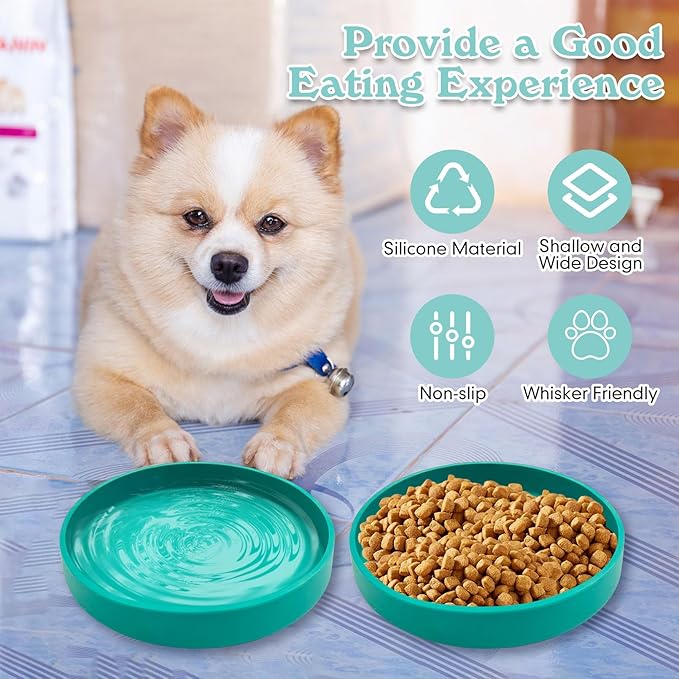 Silicone Dog Bowl Shallow Cat Food Bowls 7" Wide Puppy Plates Whisker Fatigue Pet Feeding Dishes Set of 2 for Dry and Wet Food Indoor (Round Green)