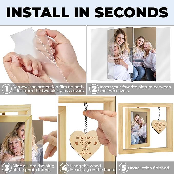 Rotating Picture Frame Gift for Mom 4x6 Photo Double-Side Floating Frame Mama Mum Step-Mom Mother-in-law Birthday Christmas Mother's Day Gifts Family Frame Tabletop Display HU-KX-MOM-NAT-A8