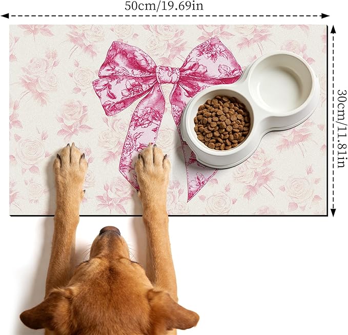 Dog Bowl Mat for Food and Water - Hamdwerk Absorbent Anti Slip Cat Feeding Mats for Floors, Quick Dry Pet Dog Feeding Matts, Diatomite Pet Dish Placemat Supplies, Coquettee Bow Style, 12 * 20in