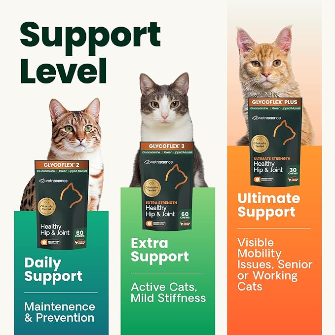 VetriScience Ultimate Strength Healthy Hip & Joint Chews, GlycoFlex Glucosamine, Chondroitin and Green-Lipped Mussel Joint Supplement for Cats, Soothe Joint Discomfort, Chicken, 30 Count