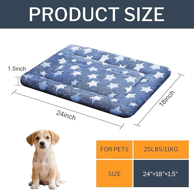 Dog Bed Mat - Comfortable Dog Kennel Pad, Multi-Purpose Crate Bed Mats for Dogs & Cats (NavyBlue&Stars, 24.0" L x 18.0" W x 1.5" Th)