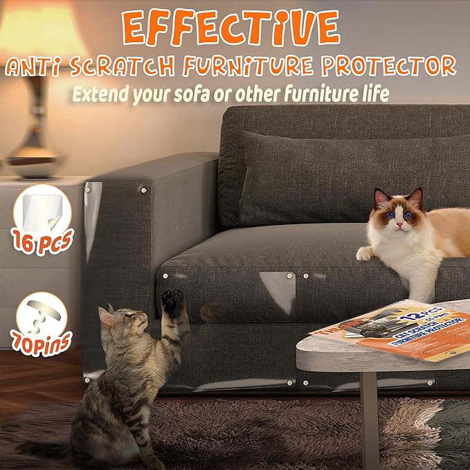 THLHKD Cat Scratch Furniture Protector: 16 Pcs Single Side Couch Protector from Cat Claws with 4 Holes, Easy to Stick & Fix, Furniture Protectors from Cats Scratching(16P+70 Pins)