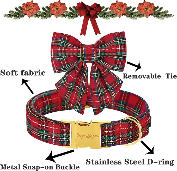 Unique style paws Christmas Dog Collar with Bow Tie Scottish Plaid Puppy Collar for Small Medium Large Dogs as Holiday Autumn Winter Gifts-S