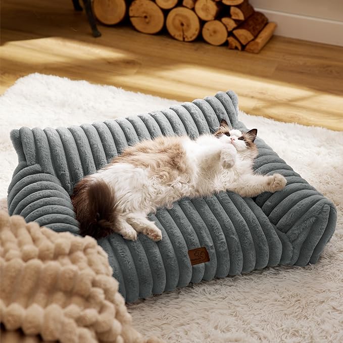 Bedsure ComfyFleece Cute Cat Couch for Pets - Fluffy Small Dog Sofa with Premium Soft Corduroy Fleece, Pet Sofa with Washable Cover, Supportive Dog Couch Bed for Small Medium Dogs, 30inch, Warm Grey