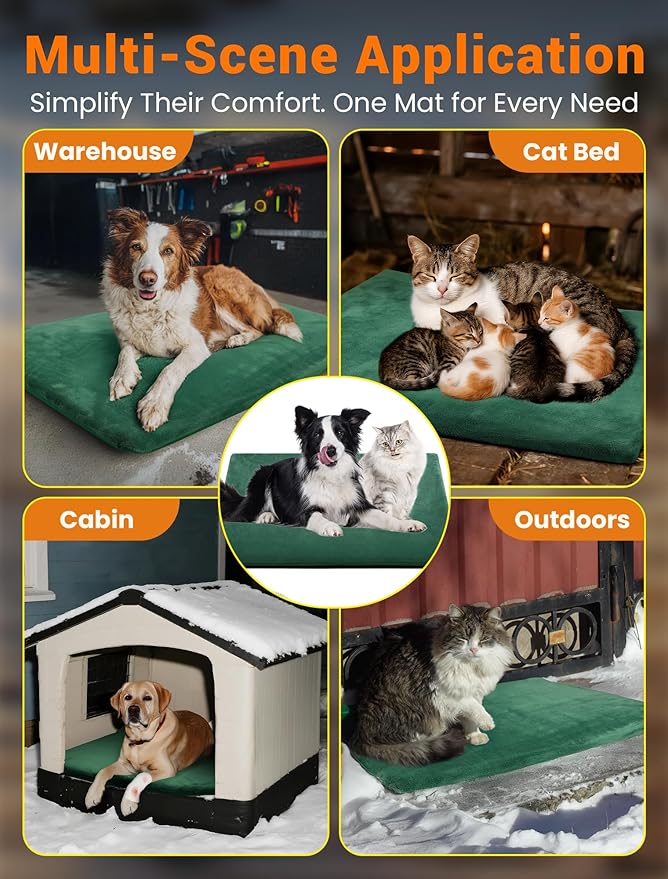 PETNF Outdoor Pet Heating Pad for Cats & Dogs, 100.4-107.6°F Auto Temp Control, Waterproof Fireproof, for Cat House/Dog Kennel/Terrace, Fits Domestic & Stray Pets (Green 15.7"X19.7")