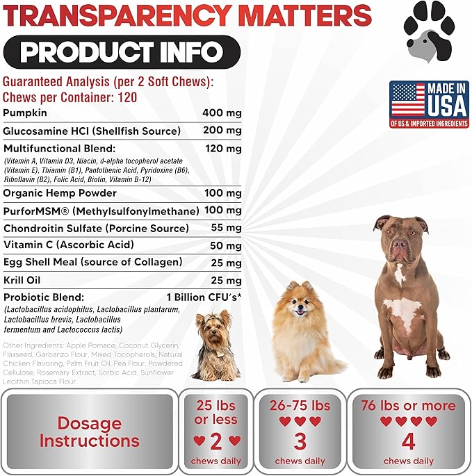 Vita Treats - Dog Vitamins and Supplements - Hemp Oil for Dogs - Glucosamine Chondroitin for Dogs - Omega 3 Fish Oil for Skin & Coat - Probiotics - Dog Joint Supplement - 120 Dog Multivitamin Chews