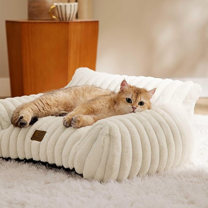 Bedsure ComfyFleece Cute Cat Couch for Pets - Fluffy Cat beds with Premium Soft Corduroy Fleece, Fuzzy Cats beds for Indoor Cats with Removable Washable Cover, Supportive Pet Sofa, 24inch, Cream
