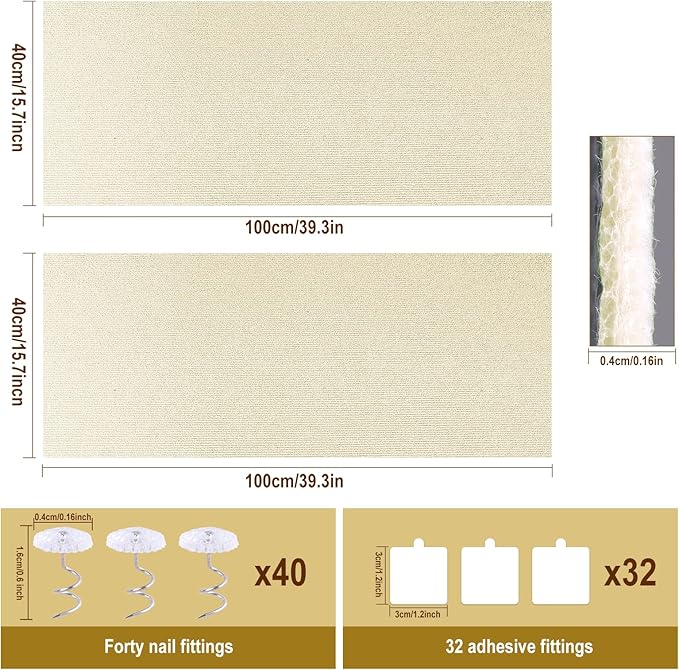 2 Pcs 39.4"X15.8" Cat Scratch Mat for Furniture and Wall Protectors, Trimmable Self-Adhesive Cat Scratch Pads, DIY Cat Scratcher for Covering Cat Tower and Couch Protector (Beige)