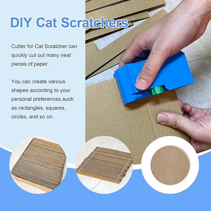 Cardboard Cutter for Cat Scratchers – 3D Printed Portable Cardboard Strip Cutter with 7 Replaceable Blades, DIY Cat Scratcher Tool (Blue)
