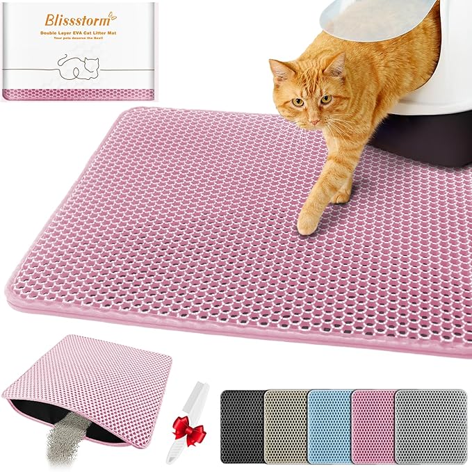 Waterproof Cat Litter Mat, Double Layer EVA, Odor-Free Large Grid, Urine Proof, Easy Cleanup (Pink, 12 x 12)