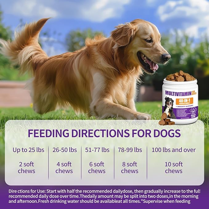 40 in 1 Dog Vitamins and Supplements 200Ct Dog Multivitamin Chewable, Immunity Support Multivitamin Vitamins with Turkey Tail Mushroom, Skin & Coat, Mobility, Gut & Heart Health, Hip & Joint Support