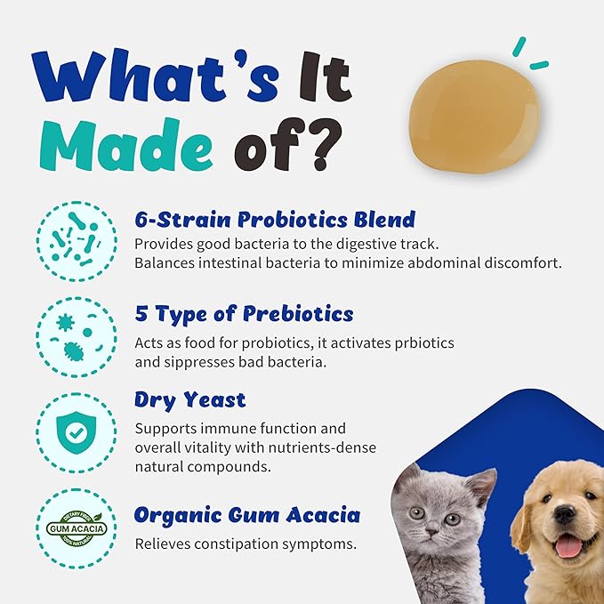 Probiotics Liquid Immune Support& Gut Health for Cats and Dogs - 6-Strains Probiotics with 5 Type Prebiotics, Dry Yeast (60 ml)