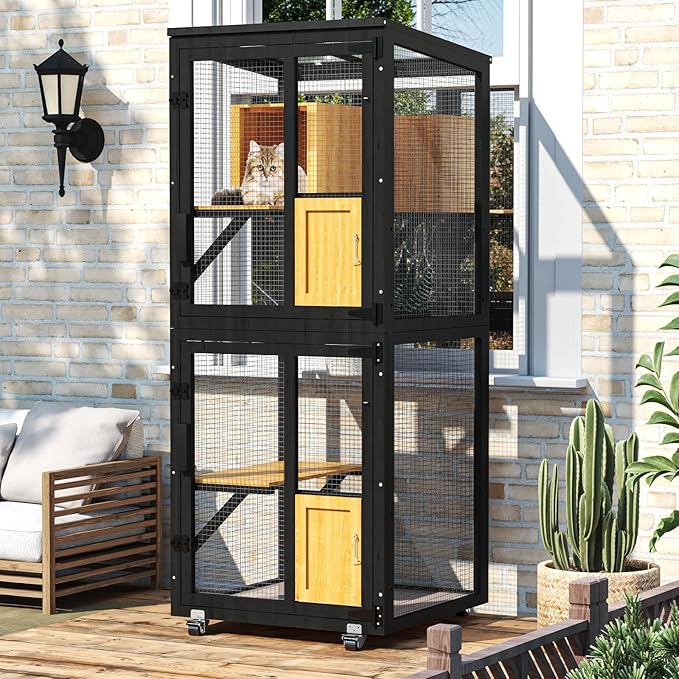 2 in 1 Catio Outdoor Cat Enclosure, 4 Tier Outdoor Cats House with 4 Wheels, Cat Enclosure Window Access with Removable Floor, Upgraded Resting Box, Waterproof Roof, Indoor Pet Cage, Black