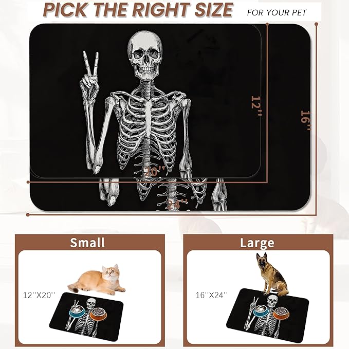 Funny Skull Skeleton Dog Food Mat for Floors,Absorbent Quick-Dry Pet Feeding Mat,Cat Dog Bowl Mats for Food and Water,Non-Slip Pet Accessories Supplies 16"x24"