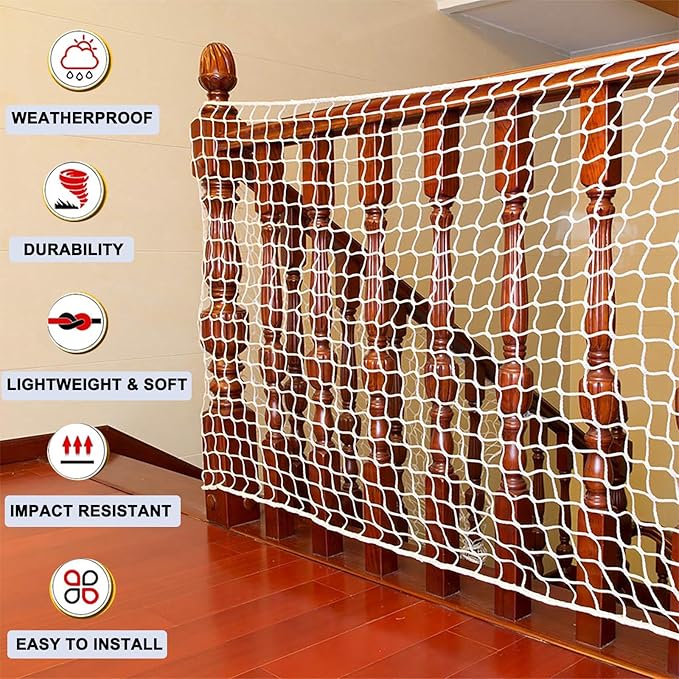 White Safety Net Stair Anti-Fall Knotless Fence Protective Netting for Kids, Nylon Stairway Balcony Railing Protection Net for Children Pets Banister Playground 1x1M(3x3FT)