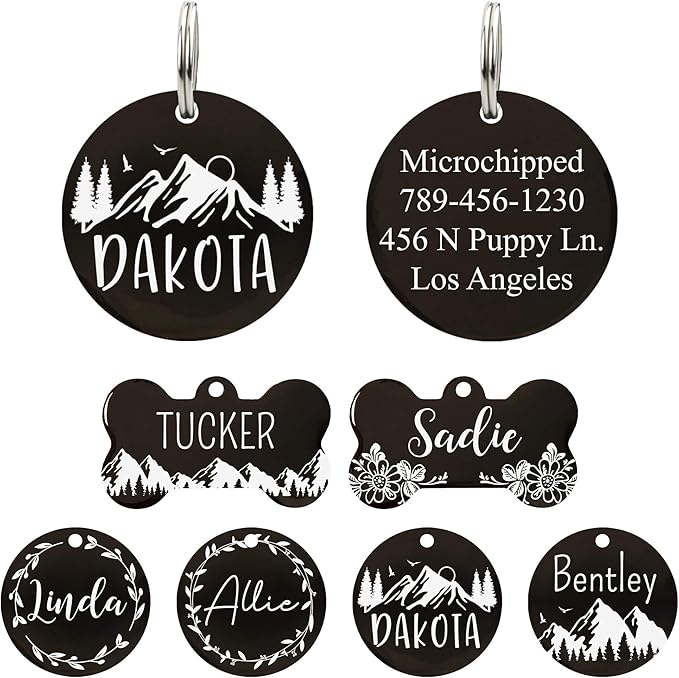 Ultra Joys Stainless Steel Pet ID Tag Dog Name Tags Personalized Front & Back Engraving, Customized Dog Tags and Cat Tags, Optional Engraved on Both Sides, Round Tag with Mountain on Top Design, Large
