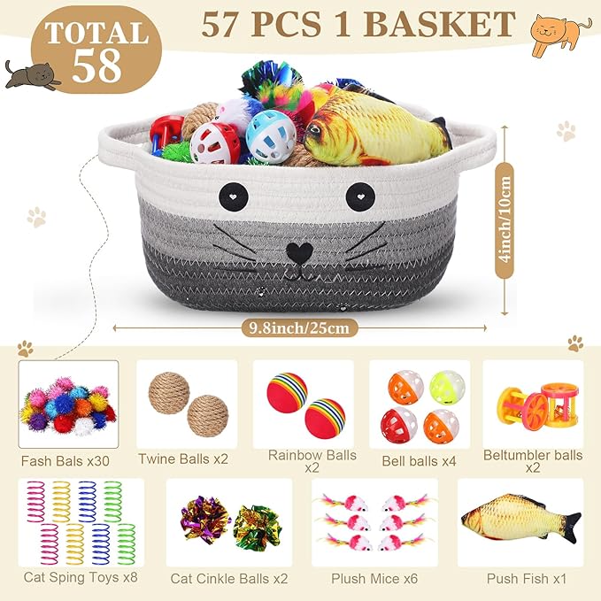 Zopeal 58 Pcs Valentine's Day Cat Storage Basket Gift Toys Set, Colorful Flashing Balls Pet Bell Crinkle Balls Spring Toys Attract Cat to Swat, Hunt, Interactive for Pet(Multicolor,9.8 Inch)