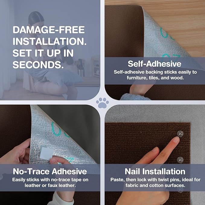 2 Pack Cat Scratcher Mat Roll for Furniture & Couch Protection | Total 157.5" x 15.8" Trimmable Self-Adhesive Carpet Cat Scratch Pad Replacement (Brown)