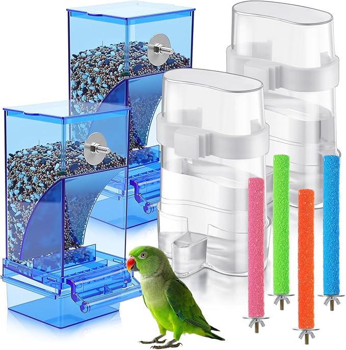 Yaomiao 8 Pcs No Mess Small Bird Feeders Automatic Parakeet Water Dispenser with 4 Pcs Cage Perch Clear Quail Feeder and Watered Cage Accessories for Small and Medium Parakeet Cockatiel Canary(Blue)