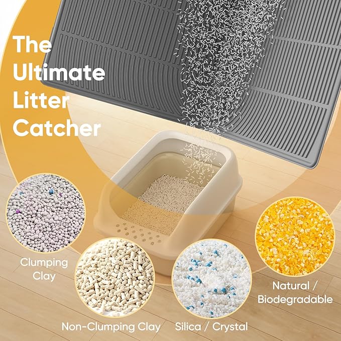 TRZZ XXL Extra Large Cat Litter Mat, Silicone Litter Box Mat for Floor, Waterproof & Non-Slip, Easy to Clean, Cat Litter Trapping Mat & Kitty Litter Catcher for Scatter Control (Light Gray)