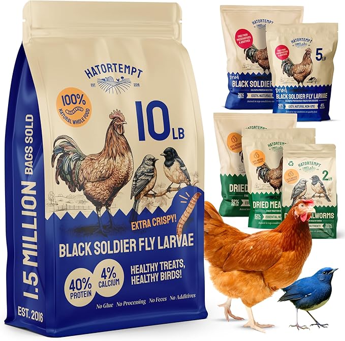 Hatortempt 10lb Dried Black Soldier Fly Larvae - More Calcium Than Mealworms for Chickens - High Protein Chicken Feed Treats for Laying Hens, Wild Birds and Duck Food