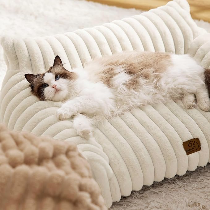 Bedsure ComfyFleece Cute Cat Couch for Pets - Fluffy Dog Bed Small Medium Size Dog with Premium Soft Corduroy Fleece, Pet Sofa with Washable Cover, Supportive Couch Bed for Small Dogs, 30inch, Cream