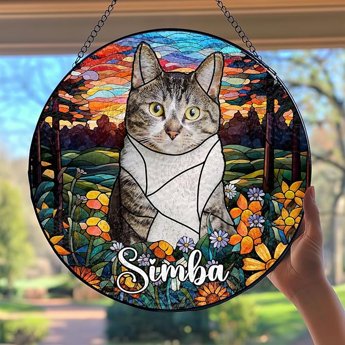Custom Cat Portrait Art Suncatcher Stained Glass Remembrance Gift Dog Indoor Decor Window Hanging Dog Cat Bereavement Keepsake Loss of Pet Sympathy with Name Date Portrait Gifts