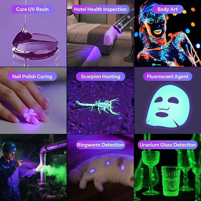 365nm Black Light Flashlight, UV Flashlight Rechargeable with LCD Display, Powerful Ultraviolet Lights for Pet Urine Detection, Resin Curing, Rockhounding, Scorpion, Uranium Glass, A/CLeak