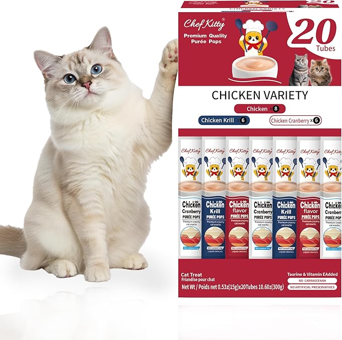 Purée Pops, Cat Treats, Grain-Free, Lickable, Squeezable Creamy Cat Treat/Topper with Vitamin E & Taurine, 0.5 Ounces Each Tube, 20 Tubes, Chicken Mix Variety