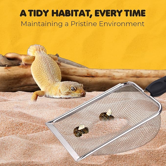 SunGrow Reptile Sand Scoop, Stainless Steel Sifter for Lizard, Gecko & Snake Habitat, Substrate Scoop, Non-Slip Handle, Fine Mesh Scooper for Clumping Sand – Not Suitable for Pellet or Crystal Litter