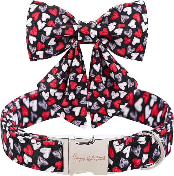 Unique style paws Valentine's Day Dog Collar with Tie Black & Red Heart Puppy Collar Best Gothic Style Gift for Small Medium Large Boys Girls-L