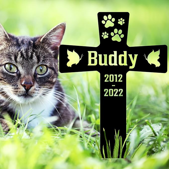 Custom Pet Paws Memorial Cross, Personalized Dog Metal Stake for Cemetery Yard, Sympathy Grave Marker with Paws, Memorial Plaque Cemetery Garden Stake