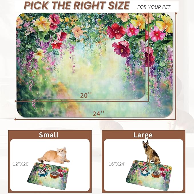 Abstract Spring Flowers Dog Food Mat for Floors,Blossom Ivy Colorful Absorbent Pet Food and Water Bowl Mats,Non-Slip Pet Feeding Mat,Pet Supplies 16" x 24"