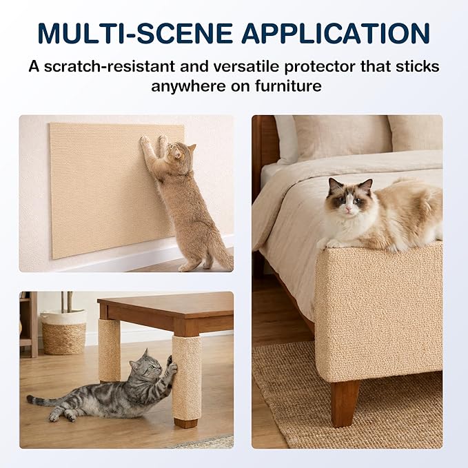 2 Pack Cat Scratcher Mat Roll for Furniture & Couch Protection | Total 157.5" x 15.8" Trimmable Self-Adhesive Carpet Cat Scratch Pad Replacement (Khaki)