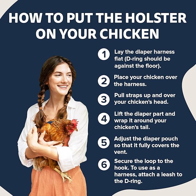 Hen Holster Premium Starter Kit - Bird Diaper, Wrap Around for Hens, Roosters, Ducks - Leak-Proof, Comfortable Bird Harness with Sewn-in Liner, Secure Hook & Loop Closure - S/M, Denim