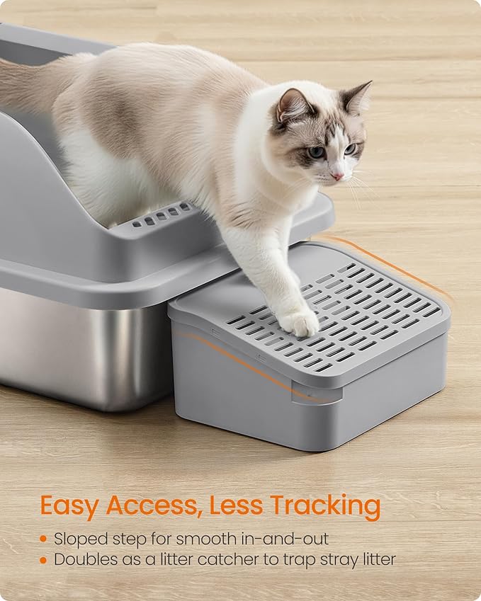 Feandrea Stainless Steel Cat Litter Box with Open Top, High Sided Litter Tray with Step, Scoop, Brush, for Cats up to 33 lb, Slate Gray UPPT008GN01