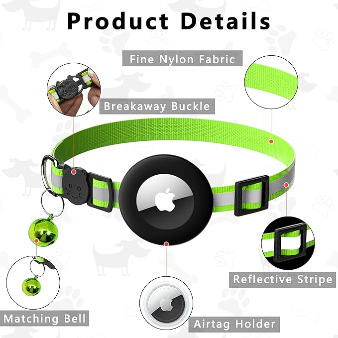 Cat Collar with Air Tag Holder, Reflective Kitten Collar with Bell, Breakaway Airtag Cat Collar for Boys Girls Cats, GPS Tracker for Cats 0.4’’ Width Adjustable Safe Kitty Collar, Neon Green