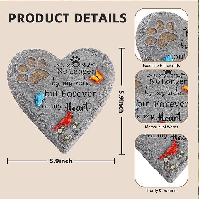 Pet Memorial Stone for Cats Dog Remembrance Gift with Paw Print, Cardinal & Butterfly, Pet Grave Markers Heart-Shaped Resin Dog Loss Sympathy Gift 6 inch