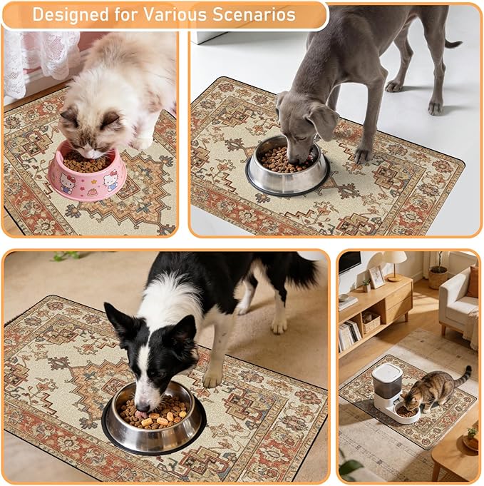 Pet Dog Food Mat - Absorbent Diatomite Dog Cat Feeding Mats for Food and Water, Anti Slip Dog Cat Bowl Placemat for Floors, Quick Dry Pet Dish Matts Supplies, Bohemia Style, 17 * 30in