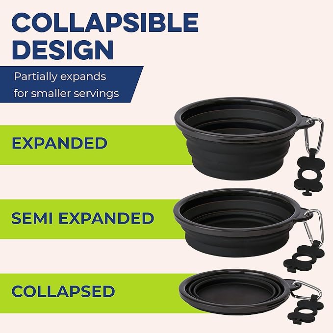 Bonza Collapsible Dog Bowls - Large 33 oz, Dog Travel Accessories, Silicone Portable Dogs Bowl & Water Dish with Reinforced Rim & Carabiner for Hiking, Camping, and Car Trips, Black