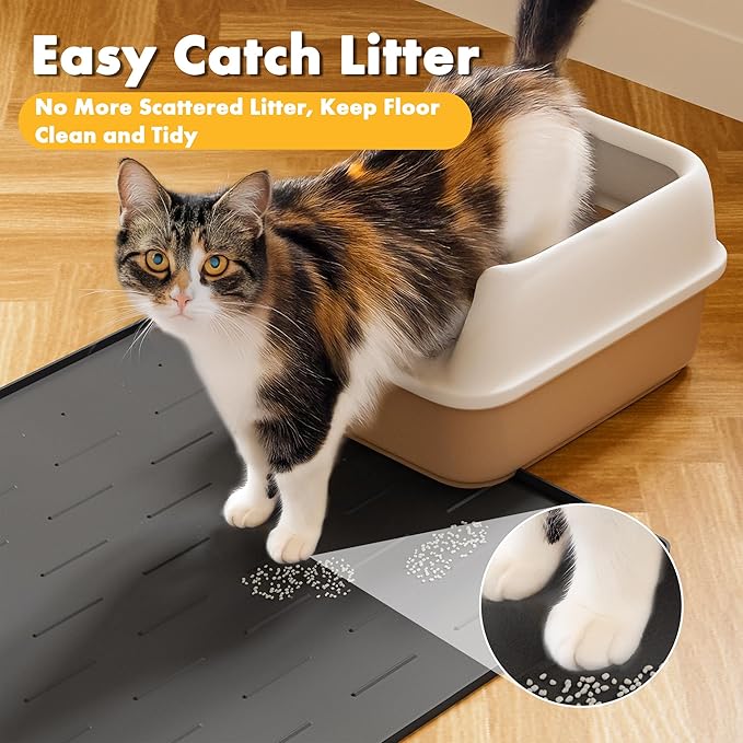 Pieviev Silicone Cat Litter Trapping Mat, 34''x22'' Large Cat Litter Mat, Easy to Clean & Soft on Kitty Paws, Waterproof Kitty Litter Pads for Indoor Cats, Dark Grey